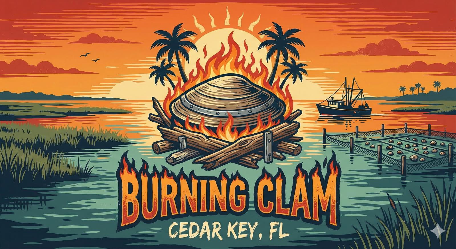 Burning Clam — a flaming clam on a bonfire in the Cedar Key marshlands